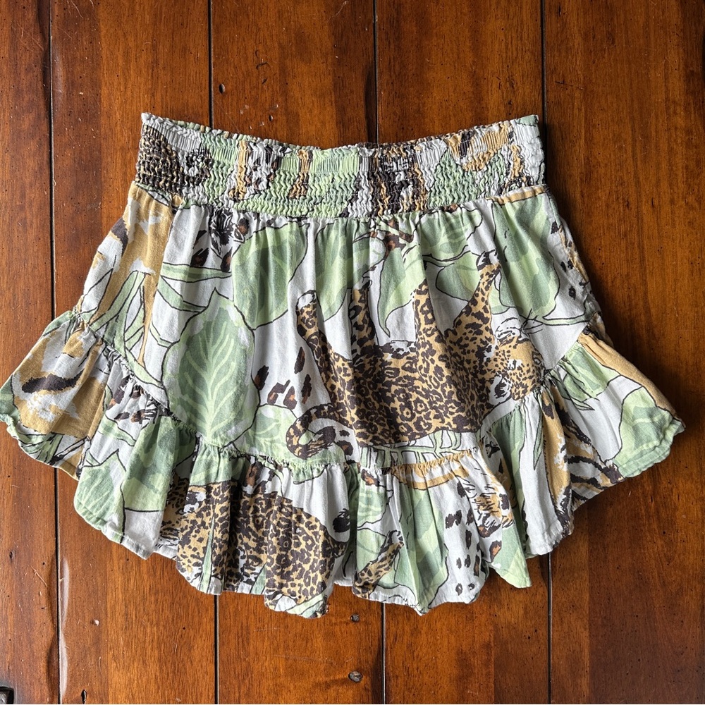 Aerie Linen Jungle Print Hi-Low Mini Skirt Size M | Animal Safari Smocked Waist - Picture 4 of 9